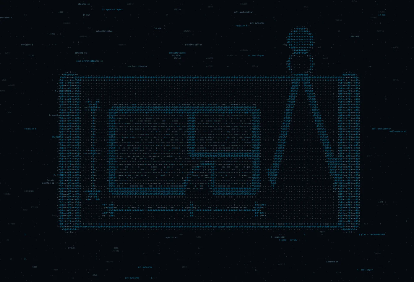 ASCII-Grafik: ein ausgerollter Bauplan mit Grundriss, Zirkel und Maßketten — Titelbild zum technischen Deep Dive ueber die Architektur einer Agent Runtime