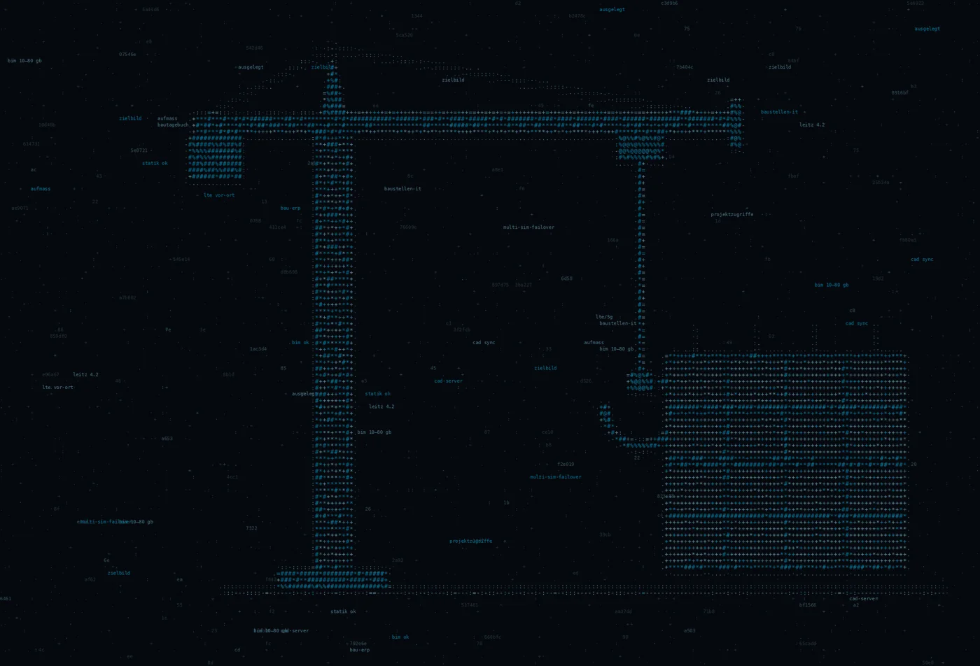 ASCII-Grafik: ein Kran über einer Baustelle — Titelbild zum Thema IT-Infrastruktur für Bauunternehmen — vom Büro bis zur Baustelle