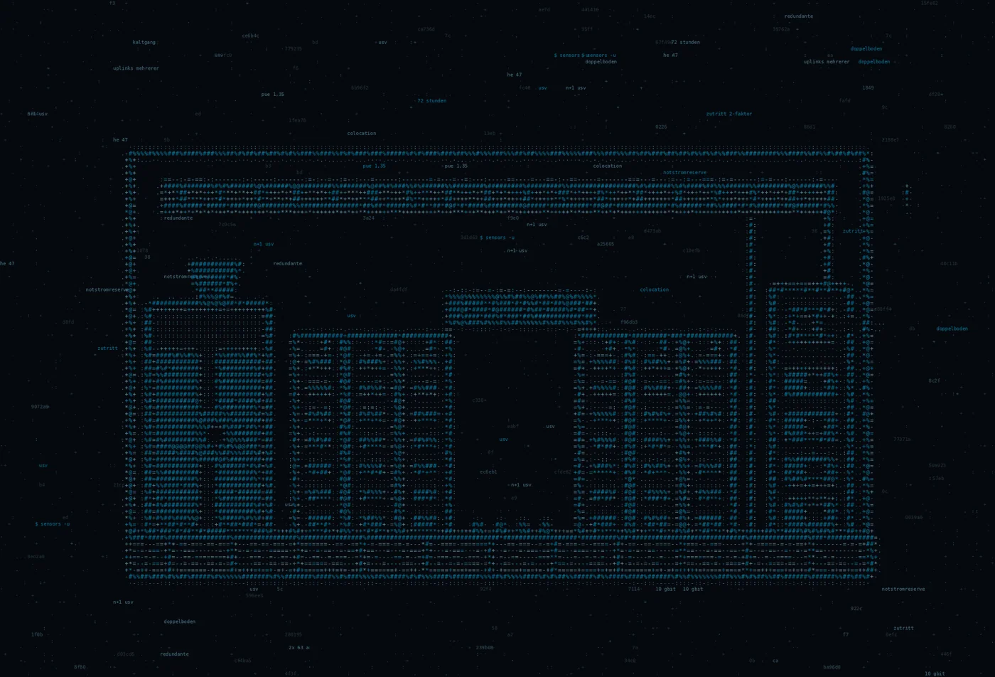ASCII-Grafik: eine Rechenzentrumshalle im Schnitt — Titelbild zum Thema Colocation Deutschland — Server Housing