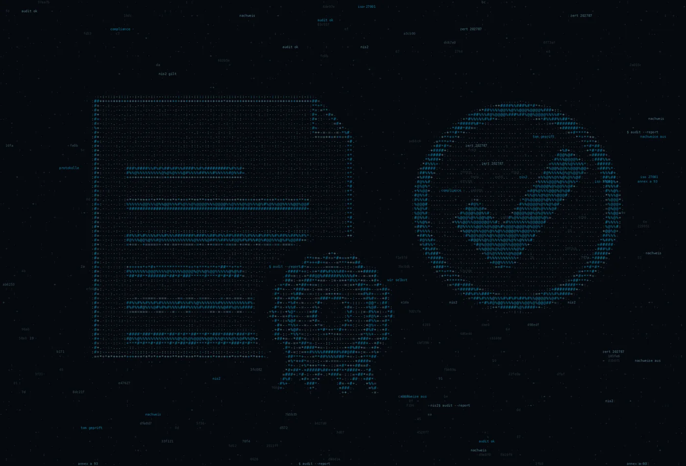ASCII-Grafik: eine Urkunde mit Prägesiegel neben einem Haken im Ring — Titelbild zum Thema Auditfähig heißt: belegbar, nicht behauptet