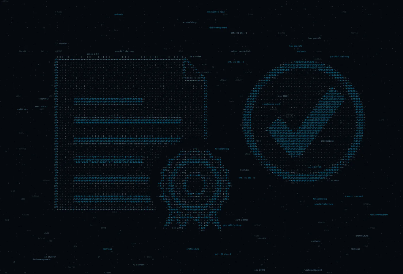 ASCII-Grafik: eine Urkunde mit Prägesiegel neben einem Haken im Ring — Titelbild zum Thema NIS2 Compliance
