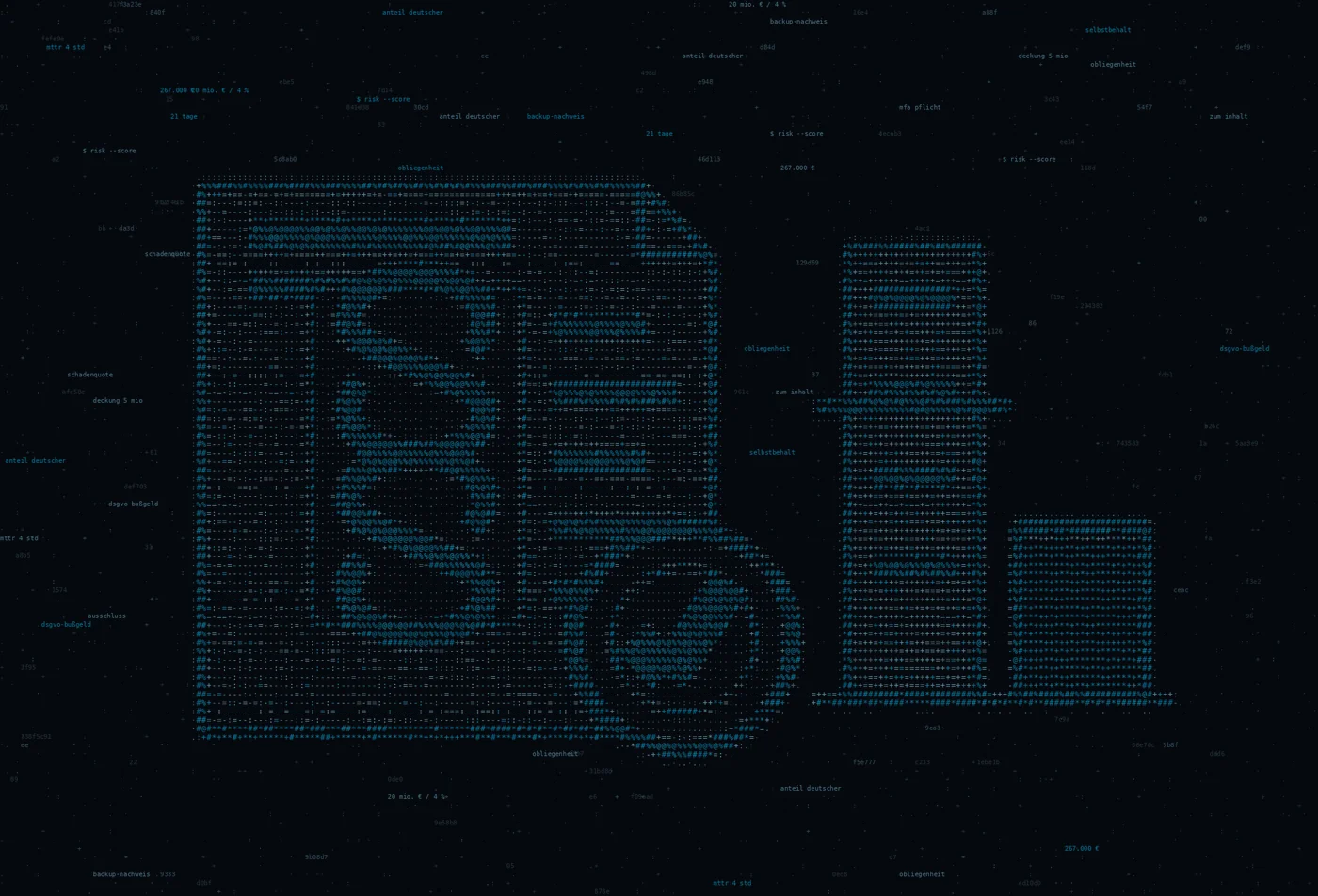 ASCII-Grafik: ein Dokument mit Paragrafzeichen und Stempel neben einem Balken — Titelbild zum Thema Cyberversicherung und Nachweispflichten bei HostSpezial