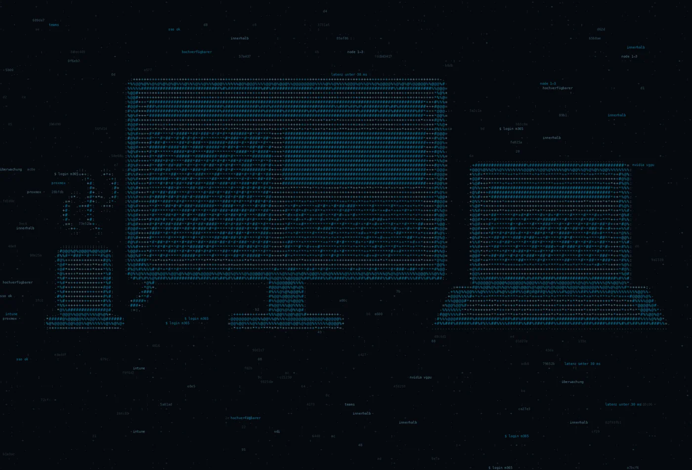 ASCII-Grafik: ein Arbeitsplatz mit Notebook und Bildschirmen — Titelbild zum Thema Der Arbeitsplatz läuft im Rechenzentrum. Nicht unter dem Schreibtisch