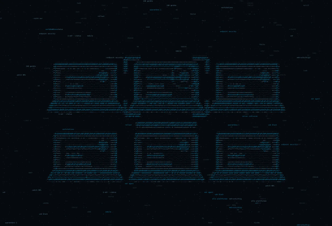 ASCII-Grafik: ein Raster aus Notebooks, jedes mit einem Agent-Punkt — Titelbild zum Thema Endpoint Security