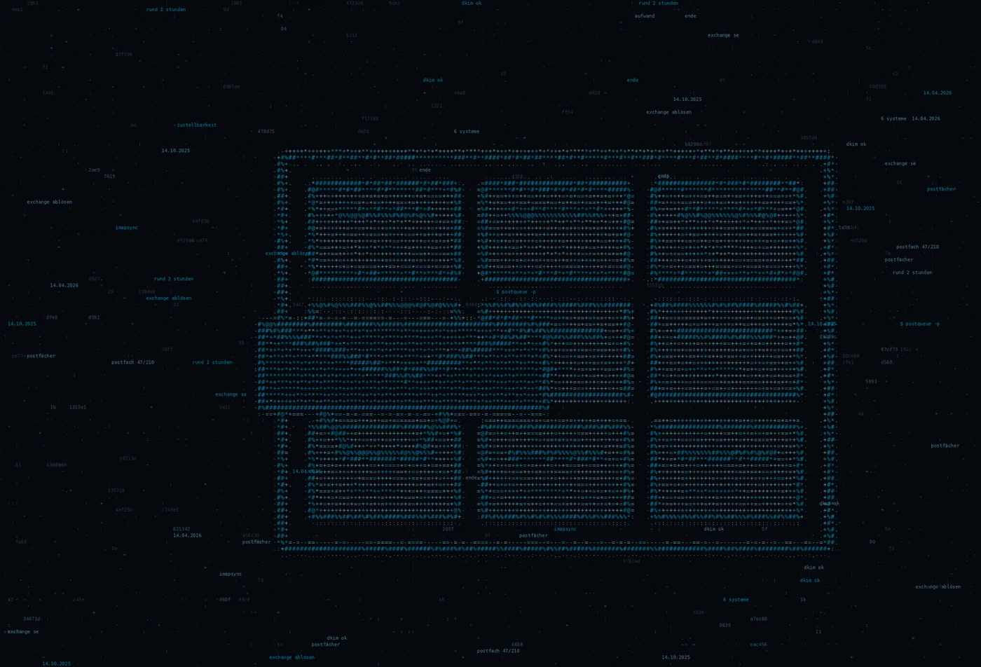 ASCII-Grafik: eine Wand aus Postfächern, ein Fach offen mit Umschlag — Titelbild zur Exchange-Alternative