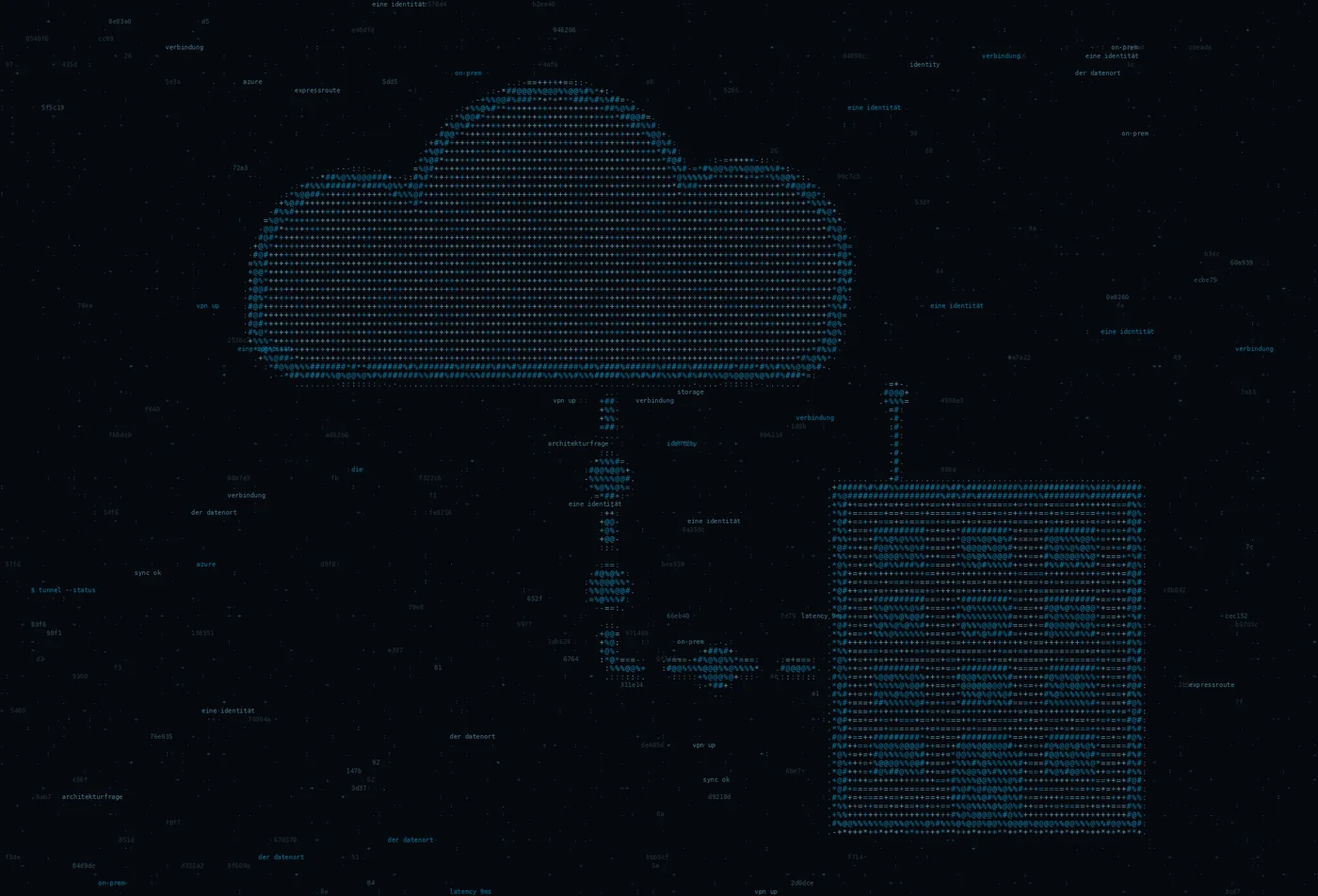 ASCII-Grafik: eine Wolke über einem Serverschrank — Titelbild zum Thema Hybrid Cloud richtig umsetzen: Azure + On-Premise