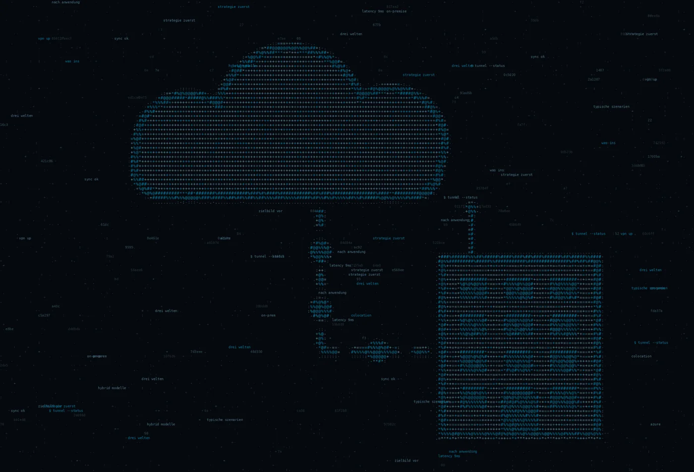 ASCII-Grafik: eine Wolke über einem Serverschrank — Titelbild zum Thema Hybrid-Modelle — Hybrid Cloud aus On-Premise und Public Cloud
