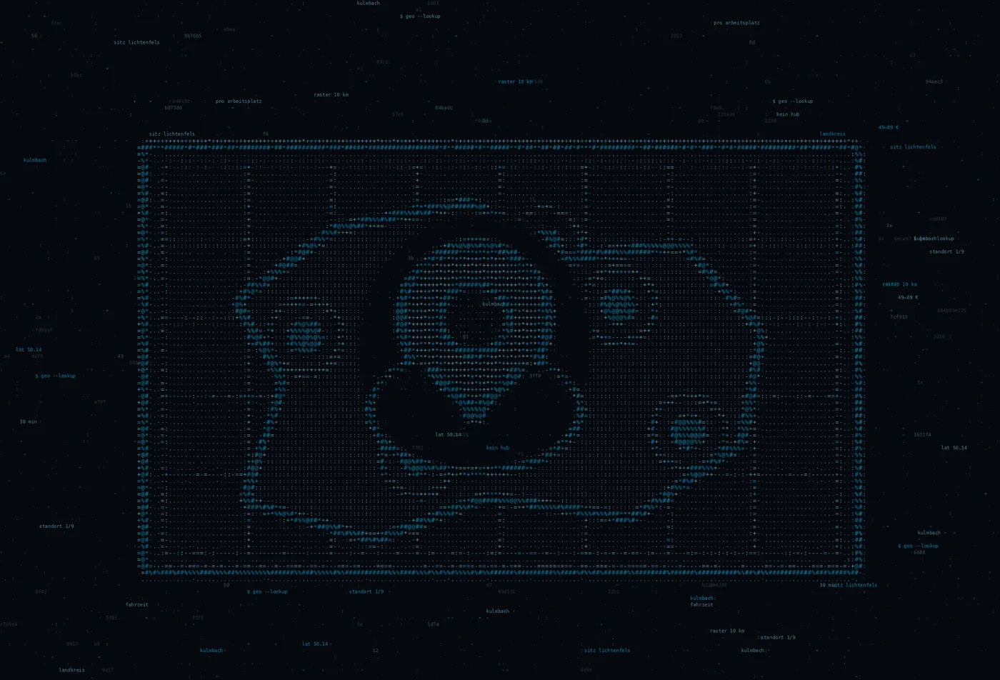 ASCII-Grafik: eine Landkarte mit Rasternetz und mehreren Standortpunkten — Titelbild zum Thema IT-Dienstleister in Kulmbach