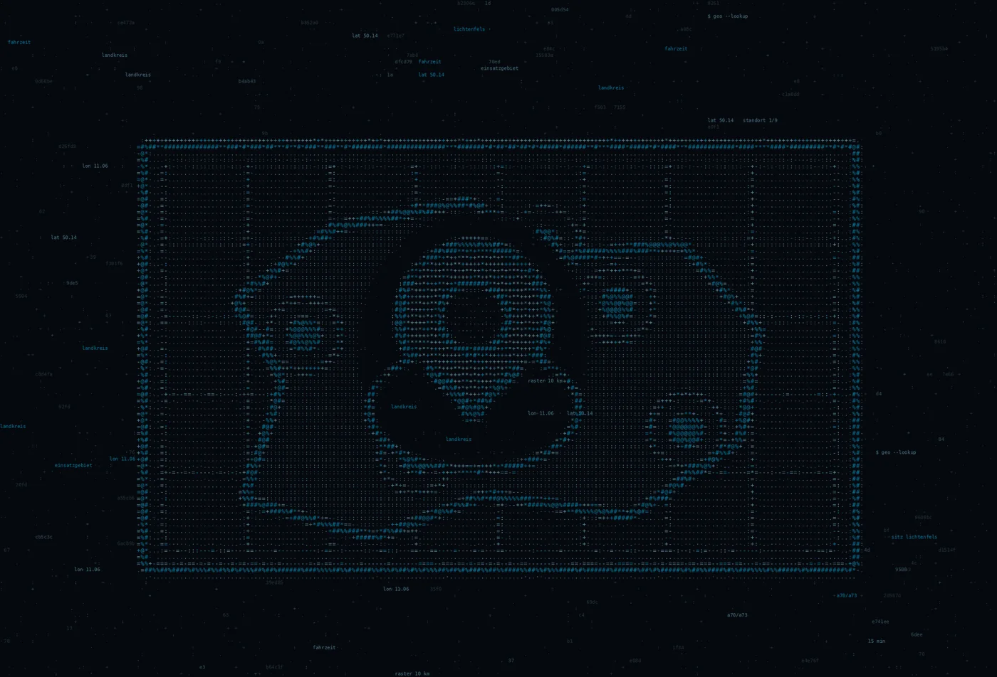 ASCII-Grafik: eine Landkarte mit Rasternetz und mehreren Standortpunkten — Titelbild zum Thema IT Dienstleister Lichtenfels
