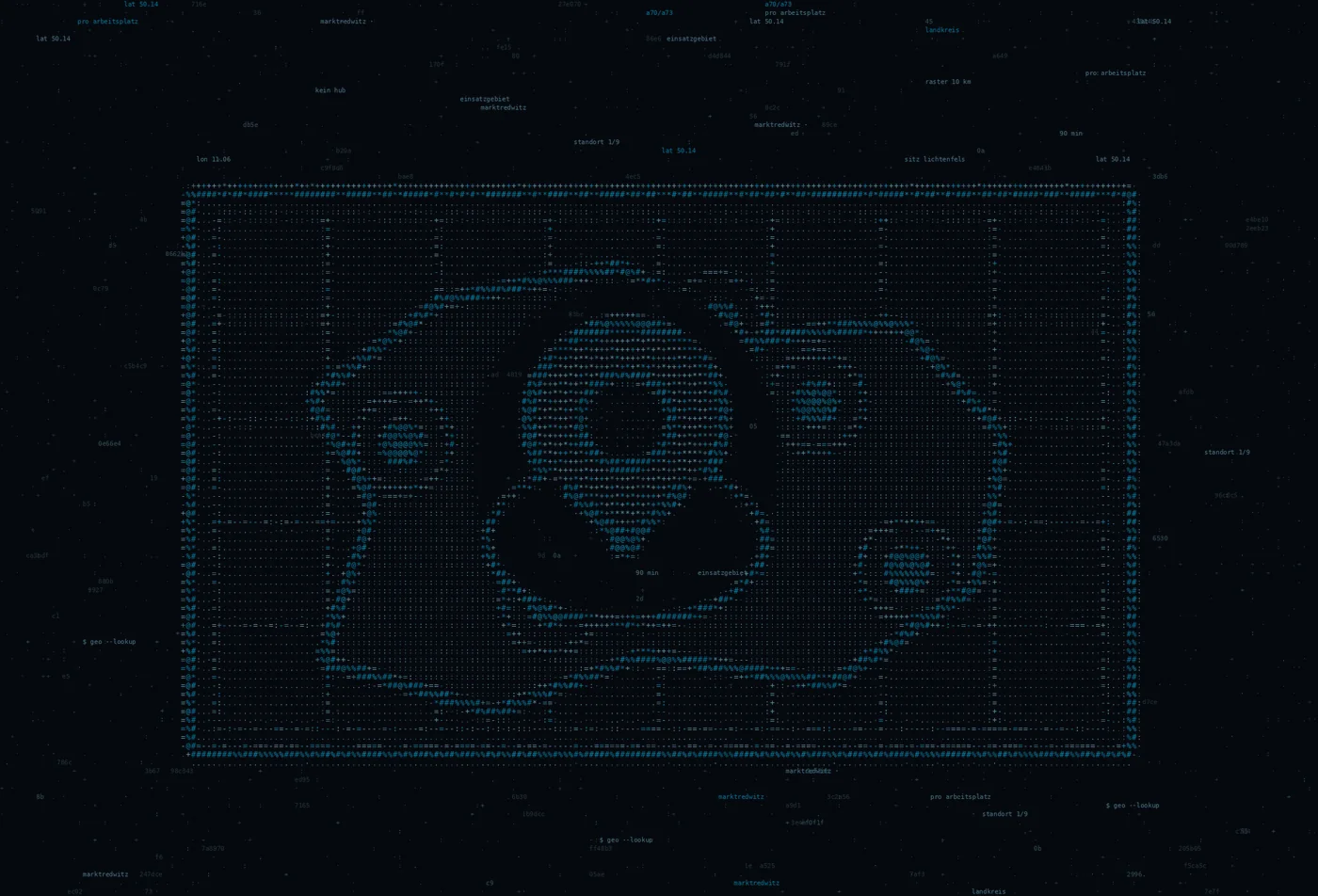 ASCII-Grafik: eine Landkarte mit Rasternetz und mehreren Standortpunkten — Titelbild zum Thema IT-Dienstleister in Marktredwitz