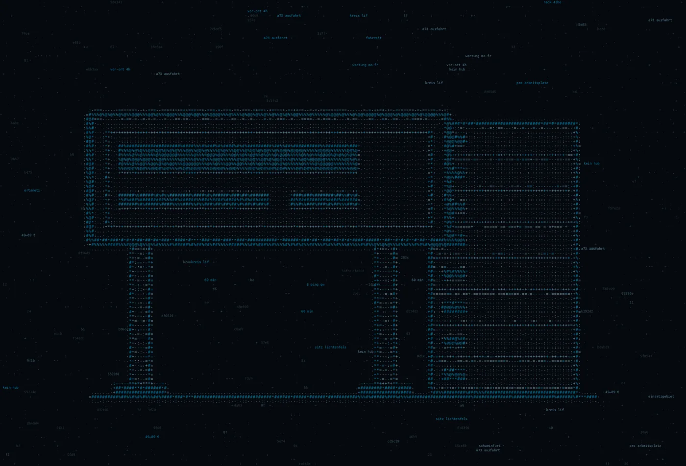 ASCII-Grafik: ein Ortseingangsschild an zwei Masten vor einem Serverschrank — Titelbild zum Thema IT-Dienstleister in Schweinfurt