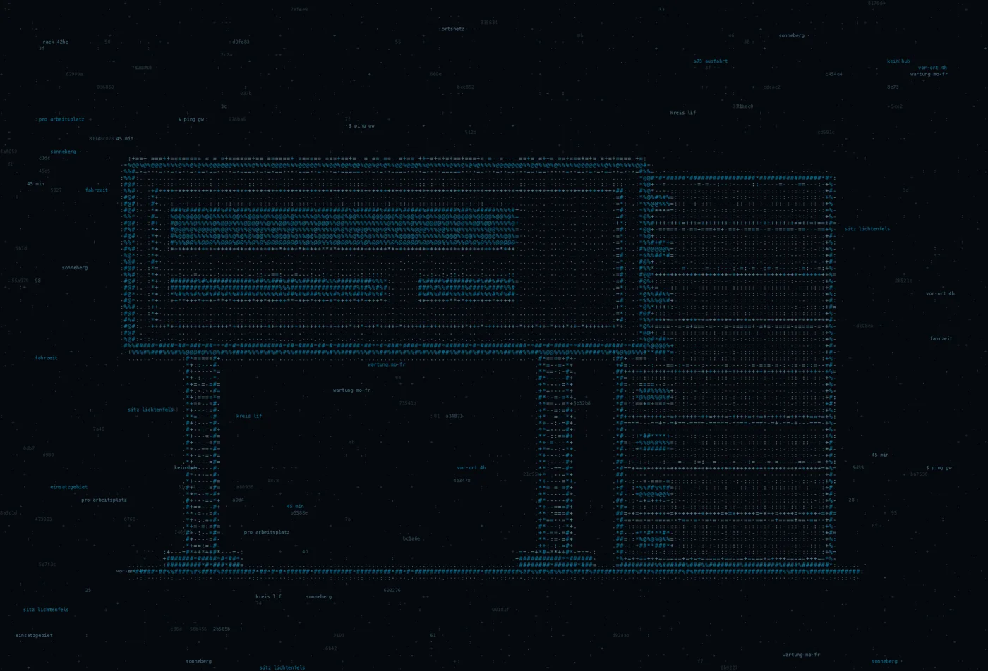 ASCII-Grafik: ein Ortseingangsschild an zwei Masten vor einem Serverschrank — Titelbild zum Thema IT-Dienstleister in Sonneberg