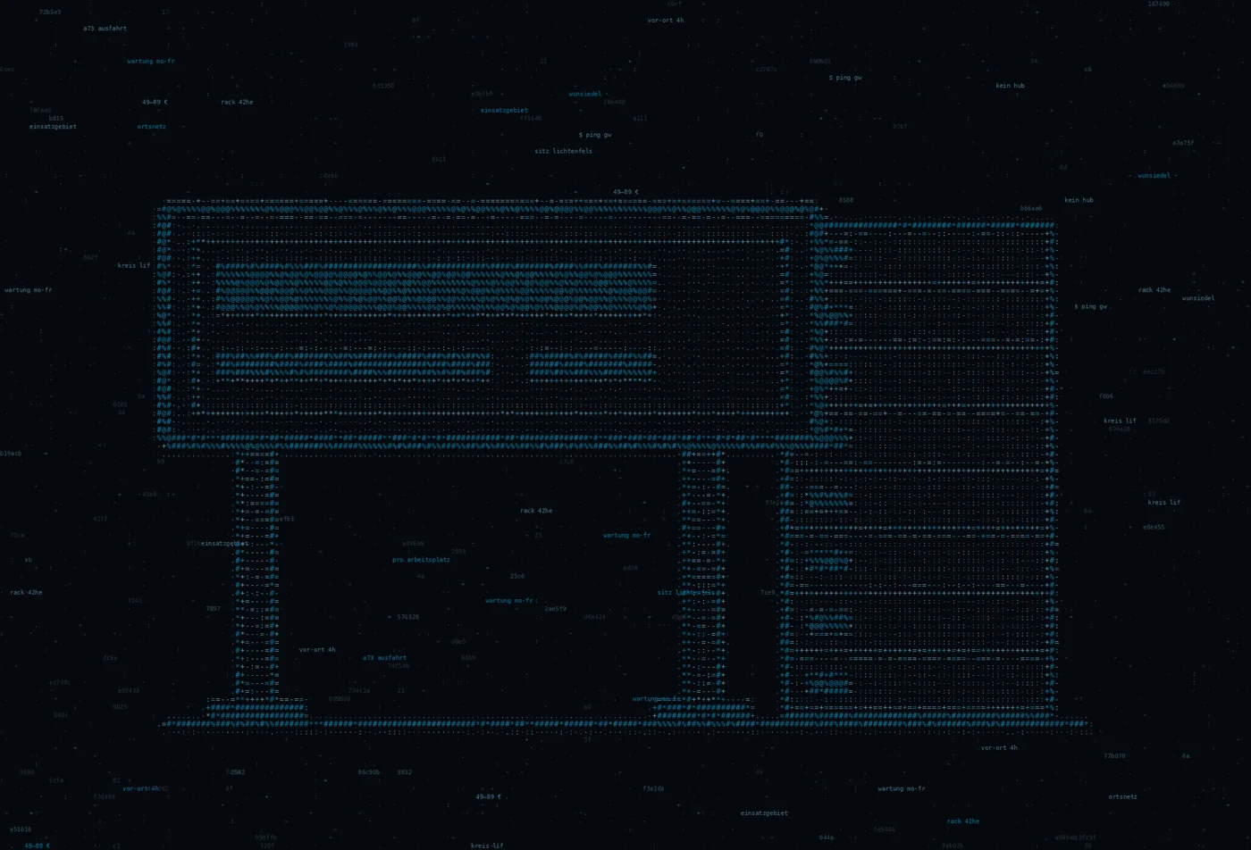 ASCII-Grafik: ein Ortseingangsschild an zwei Masten vor einem Serverschrank — Titelbild zum Thema IT-Dienstleister in Wunsiedel