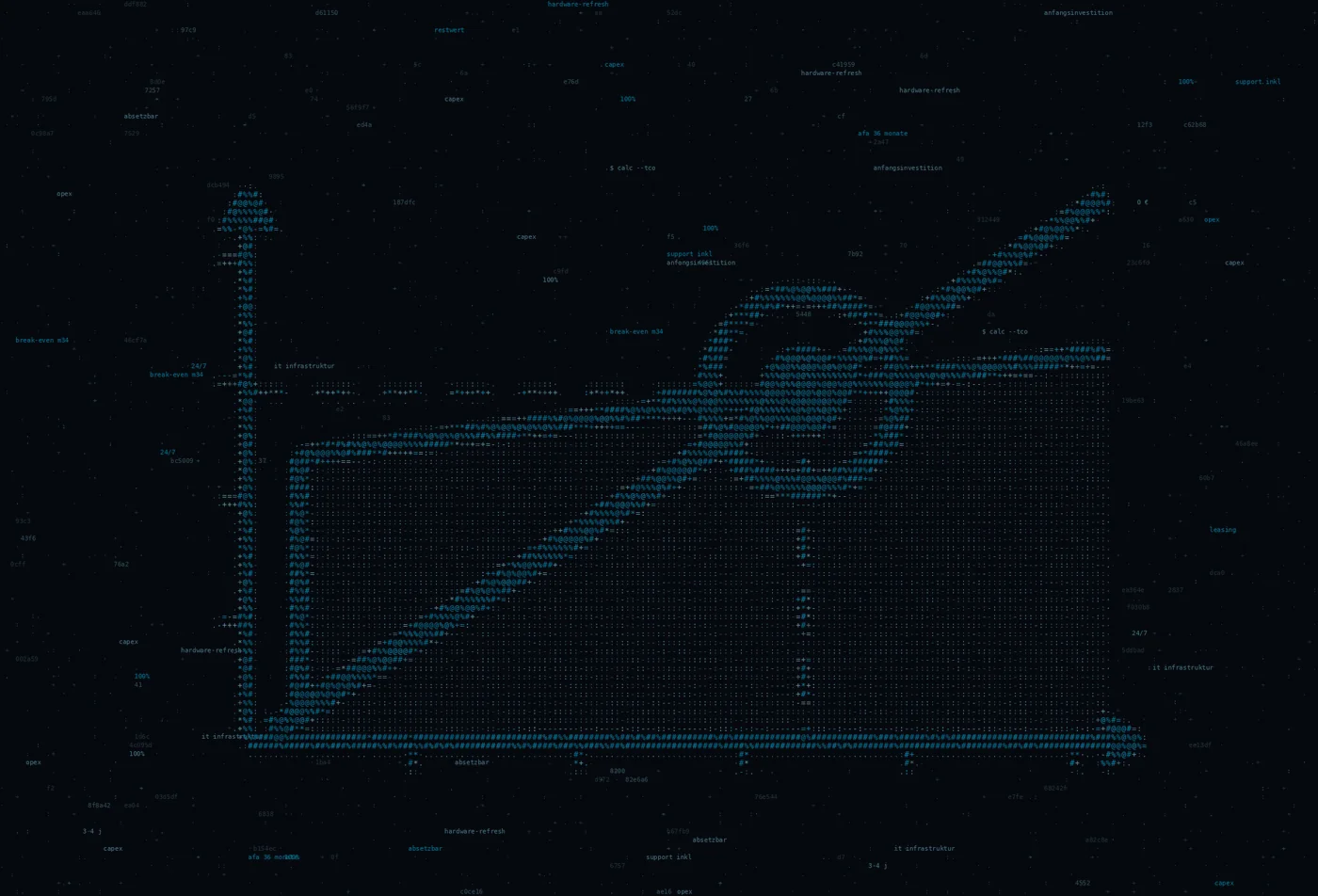 ASCII-Grafik: ein Achsenkreuz mit zwei Kostenkurven, die sich in einem markierten Punkt schneiden — Titelbild zum Thema IT-Infrastruktur mieten statt kaufen