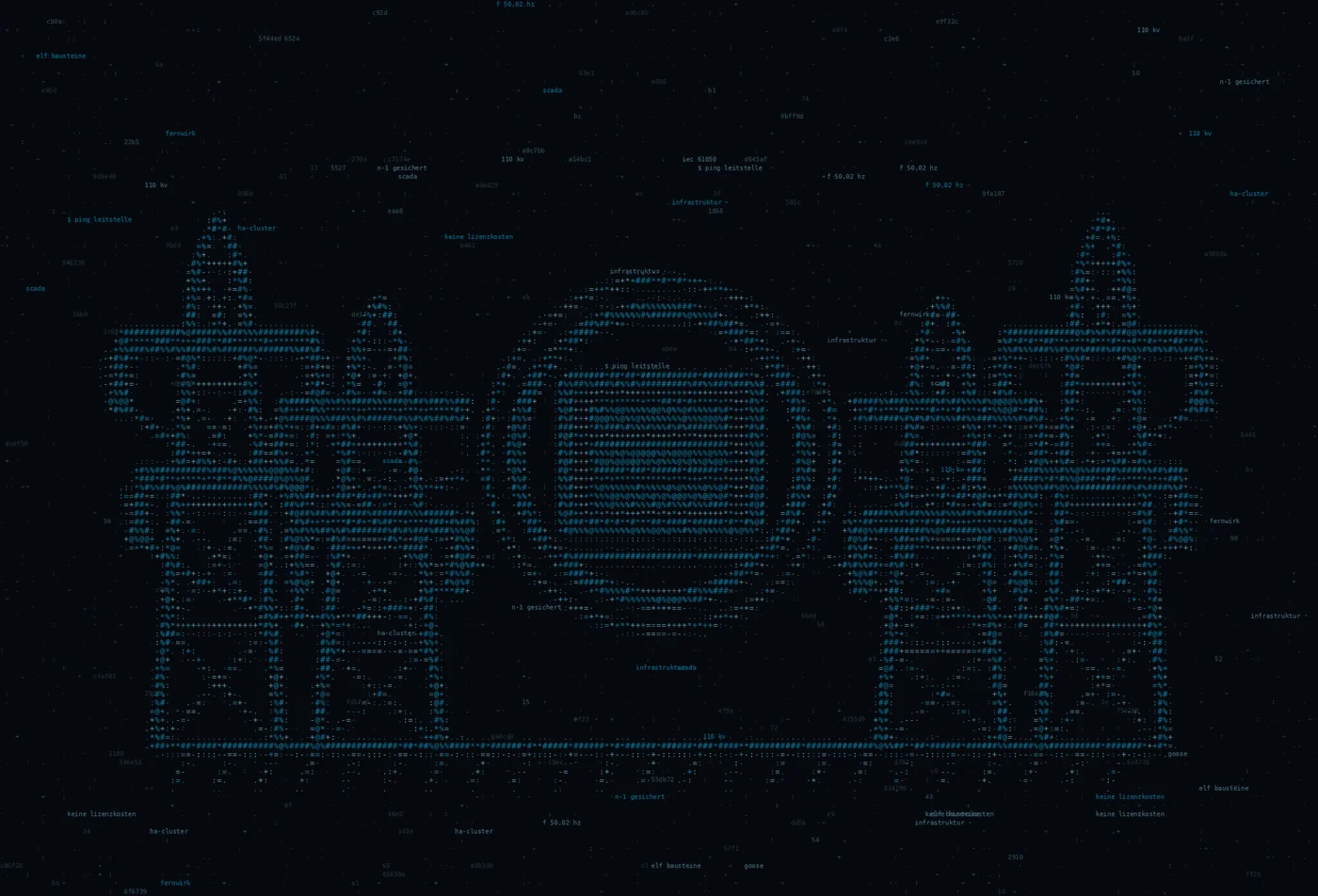 ASCII-Grafik: ein Leitungsnetz mit Masten und einem Knoten — Titelbild zum Thema Elf Bausteine. Ein Ansprechpartner
