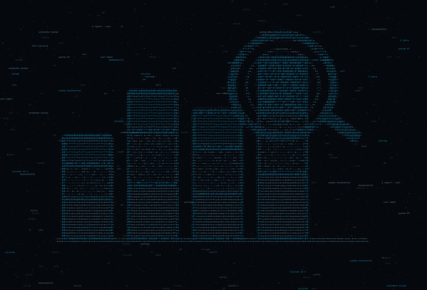 ASCII-Grafik: gestapelte Kostenbalken mit einer Lupe über einem der Blöcke — Titelbild zum Thema IT-Kosten-Analyse 2026 &mdash; Budget planen & optimieren