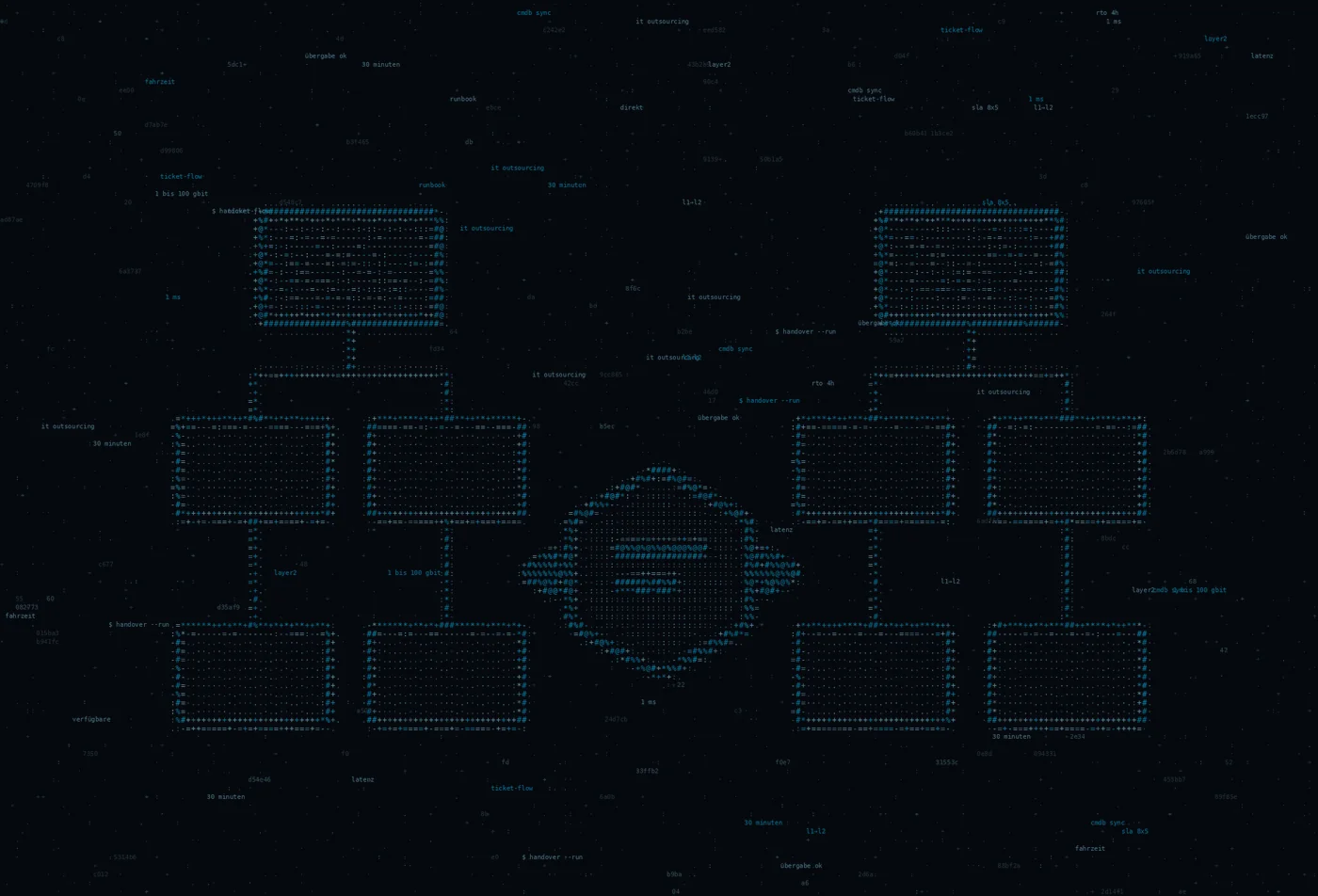 ASCII-Grafik: zwei Organisationsblöcke mit einer Übergabelinie und einem Knoten — Titelbild zum Thema IT Outsourcing & Glasfaser-Anbindungen