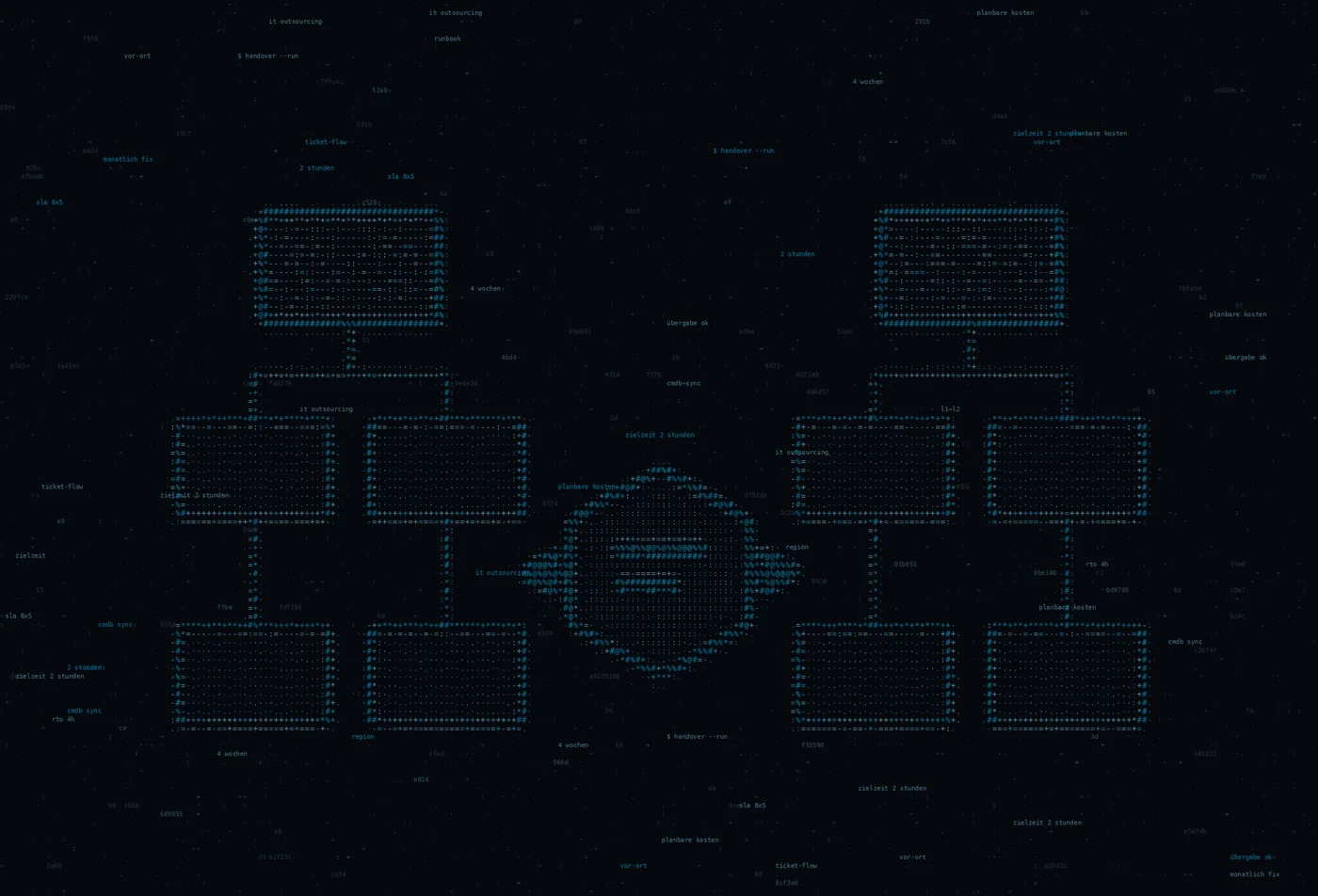 ASCII-Grafik: zwei Organisationsblöcke mit einer Übergabelinie und einem Knoten — Titelbild zum Thema IT Outsourcing Oberfranken