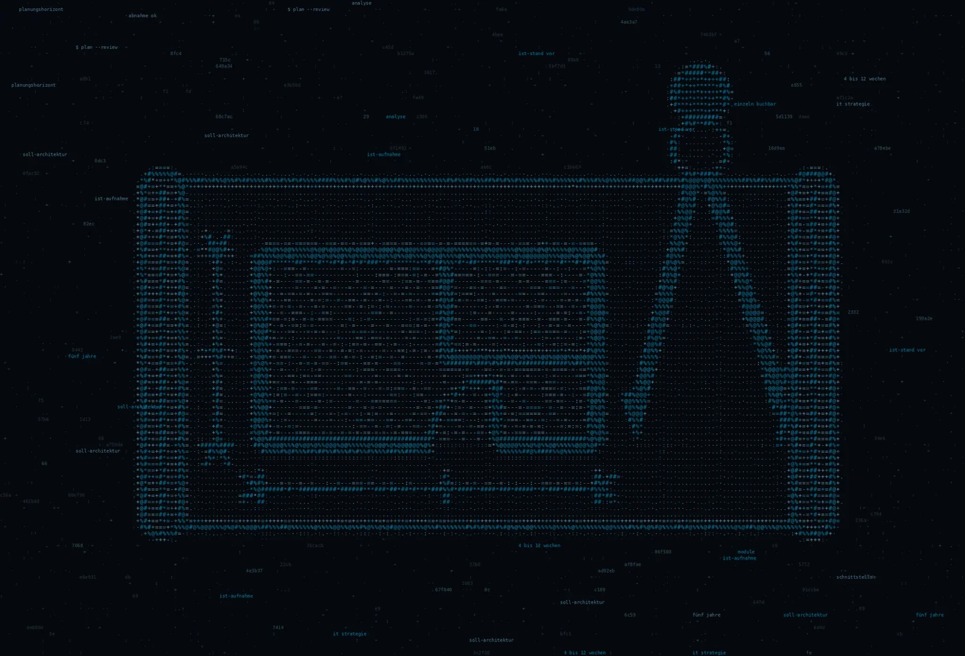ASCII-Grafik: ein ausgerollter Bauplan mit Grundriss, Zirkel und Maßketten — Titelbild zum Thema IT-Strategie Beratung & Architektur Design