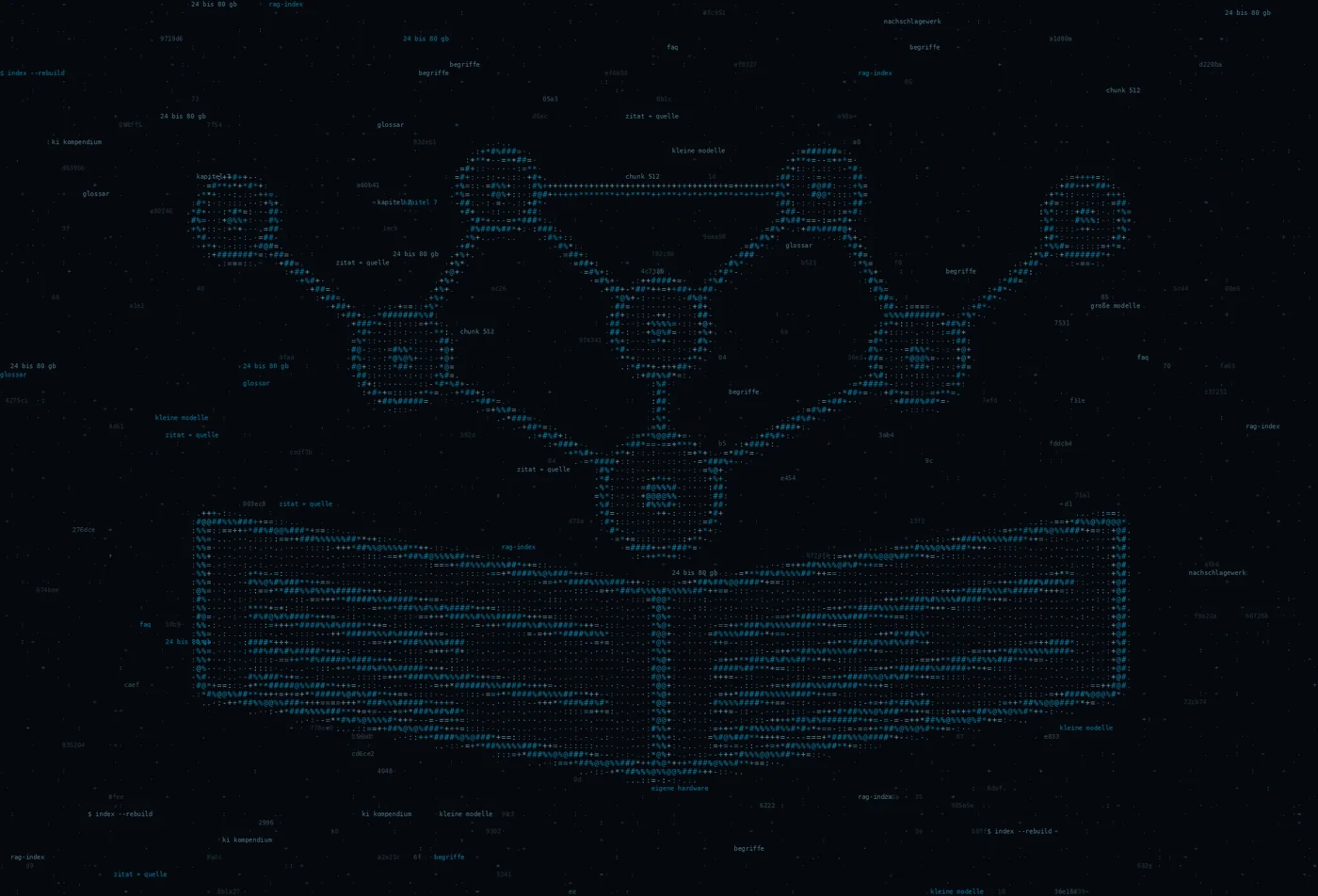 ASCII-Grafik: ein aufgeschlagenes Buch, ueber dem ein Knotengraph aufsteigt — Titelbild zum Thema Das KI-Kompendium