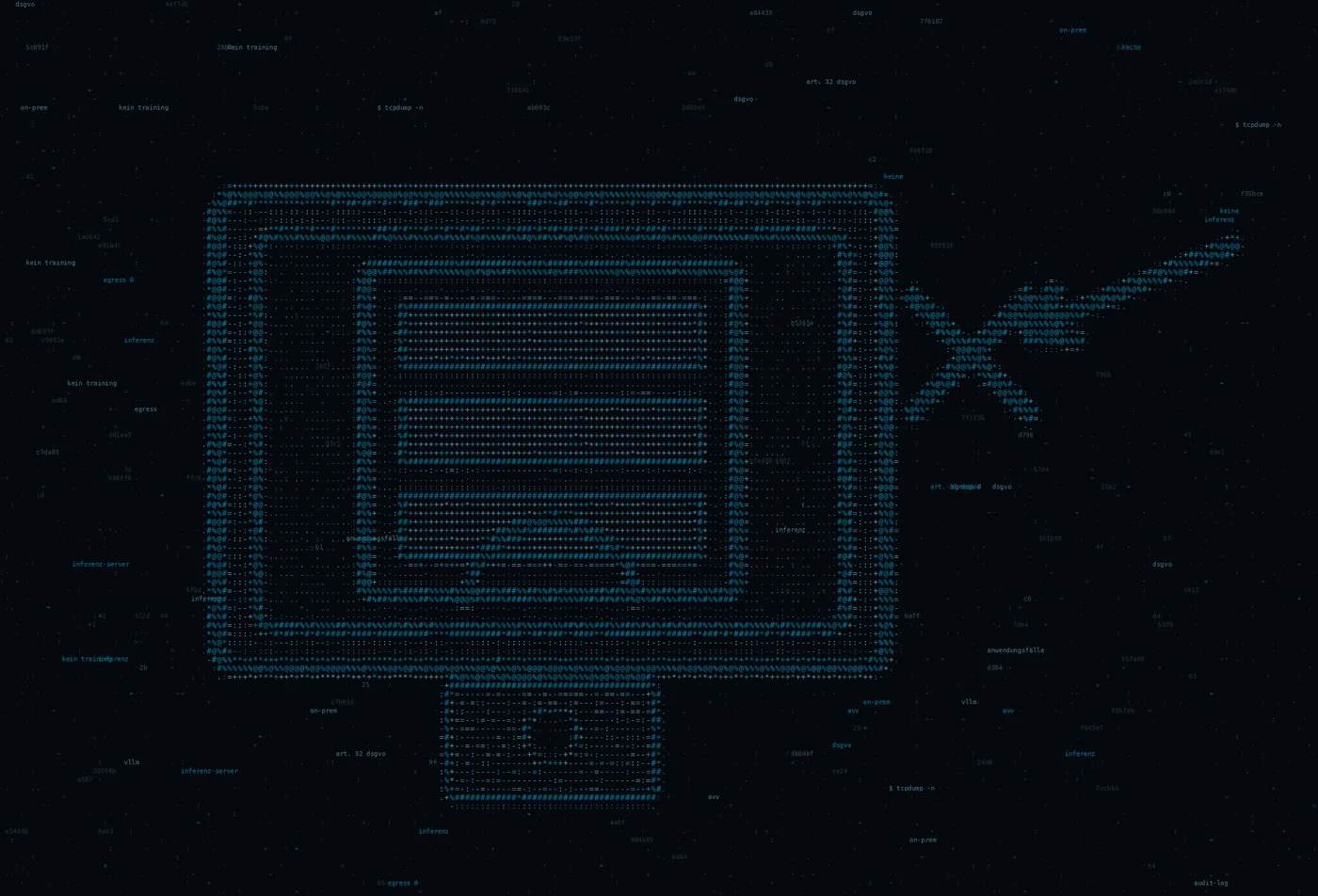 ASCII-Grafik: ein Schichtblock in einem doppelt umrandeten Raum mit Vorhaengeschloss und einem aussen abgewiesenen Pfeil — Titelbild zum Thema KI On-Premise: DSGVO-konforme KI-Lösungen