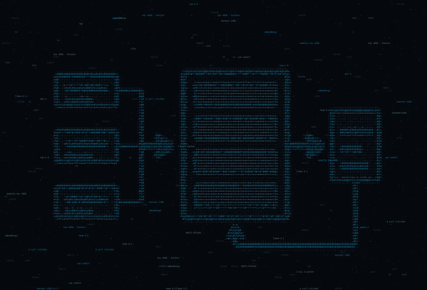 ASCII-Grafik: ein Ablaufbild von drei Eingabefeldern ueber einen Schichtblock zu einem Ausgabefeld mit Ruecklaufbogen — Titelbild zum Thema ki·spezial — KI‑Beratung für den Mittelstand