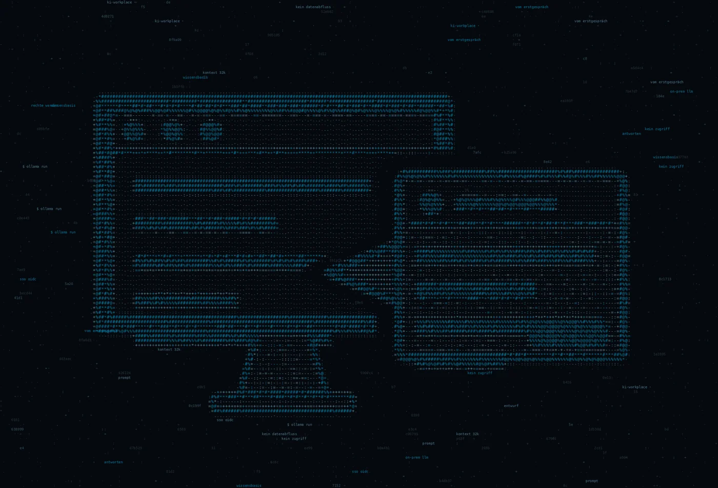 ASCII-Grafik: ein Bildschirm auf einem Standfuss mit einem davor schwebenden Vorschlagsfenster — Titelbild zum Thema Das Wissen ist da. Nur findet es niemand
