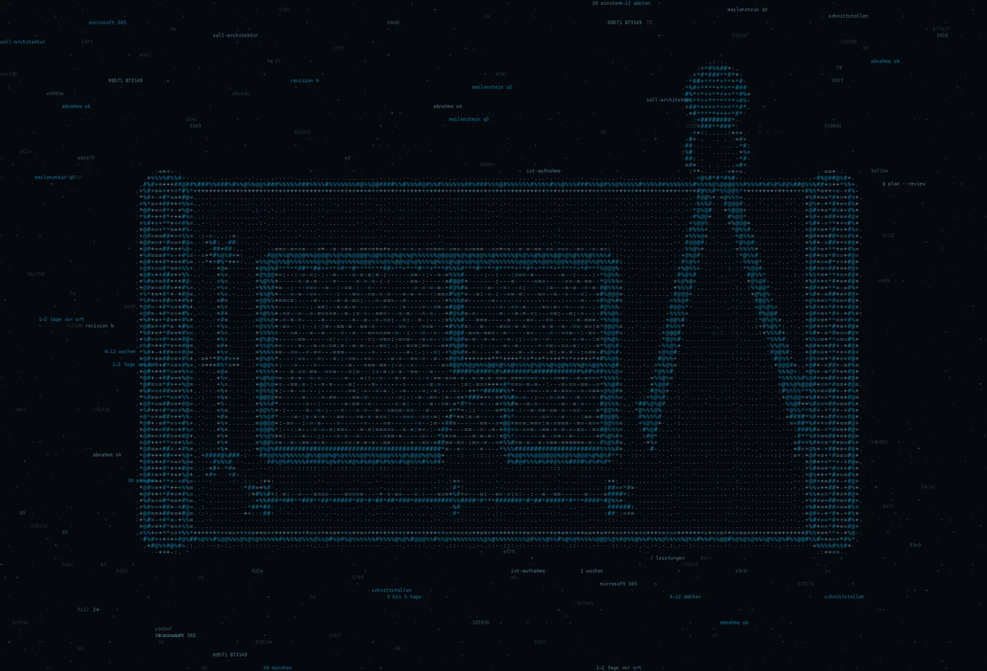 ASCII-Grafik: ein ausgerollter Bauplan mit Grundriss, Zirkel und Maßketten — Titelbild zur Leistungsuebersicht von HostSpezial