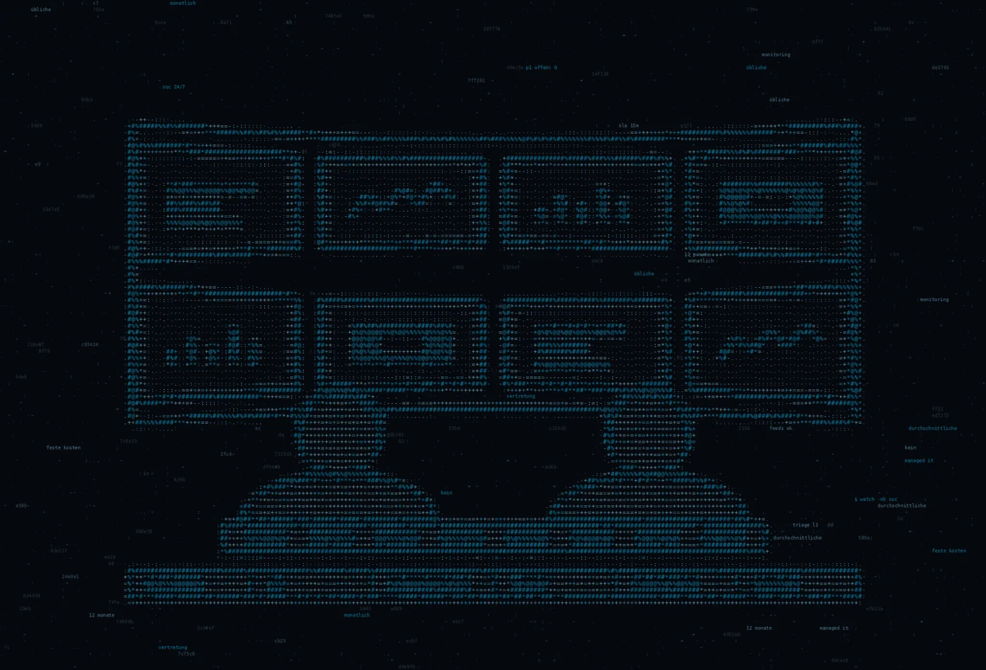 ASCII-Grafik: eine gebogene Monitorwand mit zwei Arbeitsplätzen davor — Titelbild zum Thema Managed IT