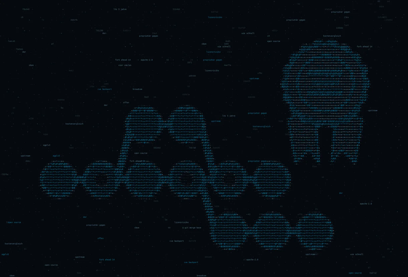 ASCII-Grafik: ein Verzweigungsgraph mit Lizenzsiegel — Titelbild zum Thema Warum wir keine Lizenzkosten mehr zahlen