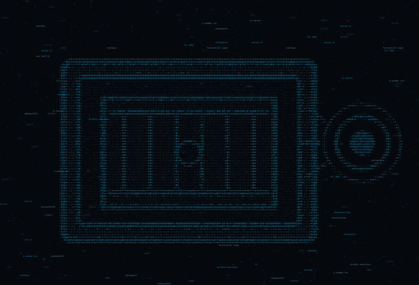 ASCII-Grafik: ein gerippter Container in einer doppelten Umrandung, daneben ein Waechterpunkt mit Ringen — Titelbild zum Thema Ein Lauf, der einen Node­ausfall überlebt