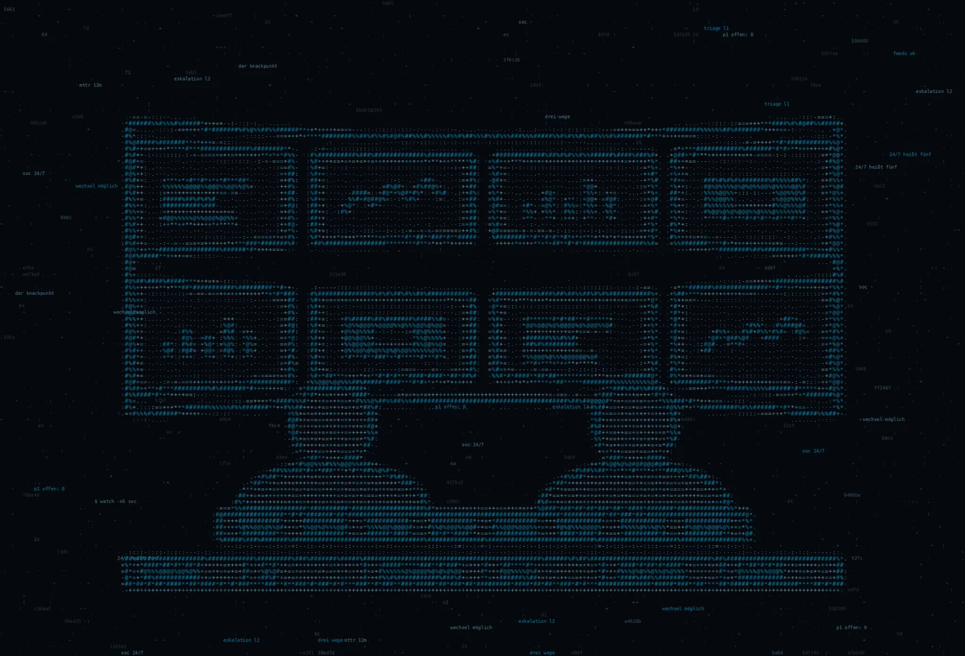 ASCII-Grafik: eine gebogene Monitorwand mit zwei Arbeitsplätzen davor — Titelbild zum Thema Drei Wege zum SOC. Eine Entscheidungsmatrix