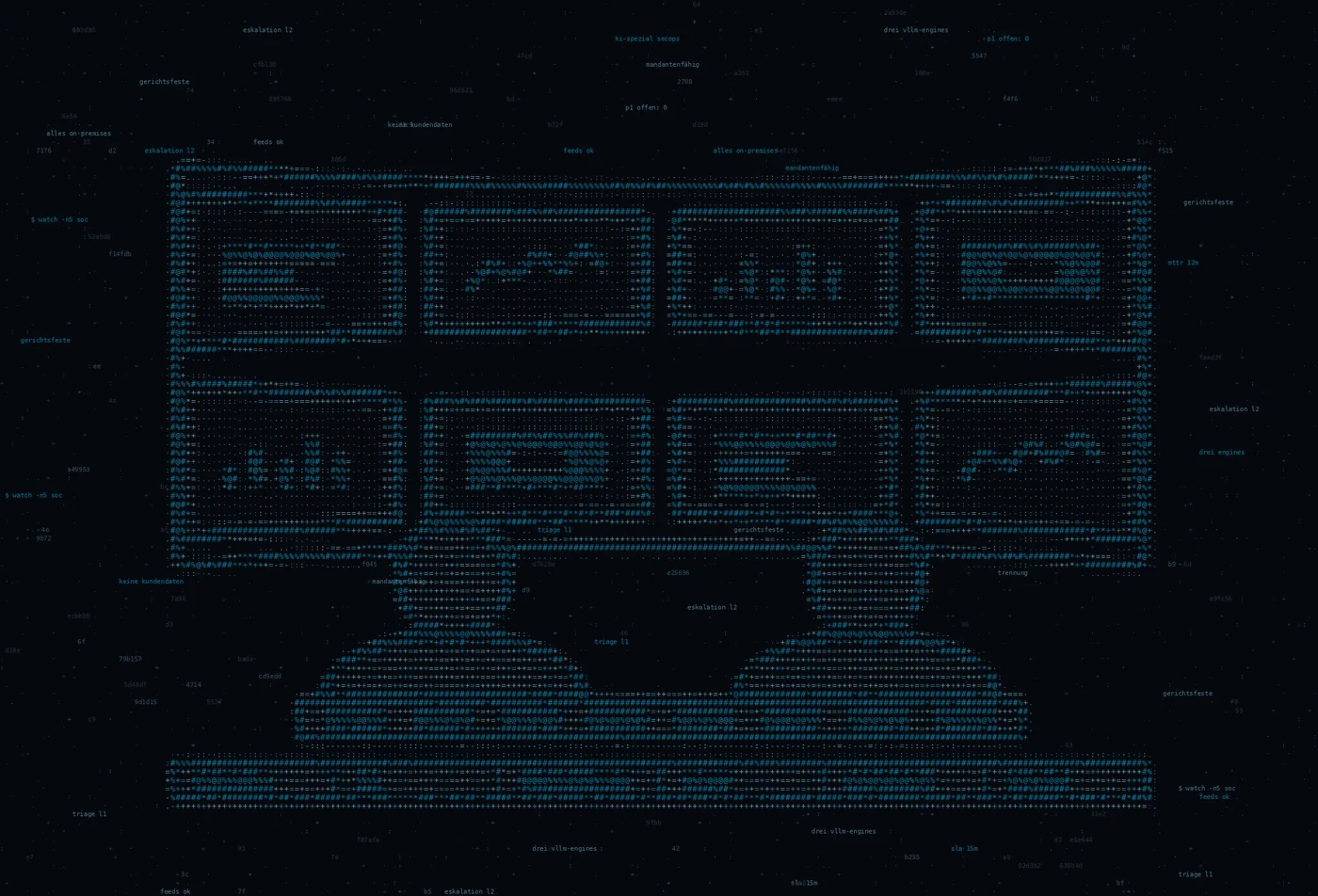 ASCII-Grafik: eine gebogene Monitorwand mit zwei Arbeitsplätzen davor — Titelbild zum Thema Ein SIEM, das sich selbst erklärt
