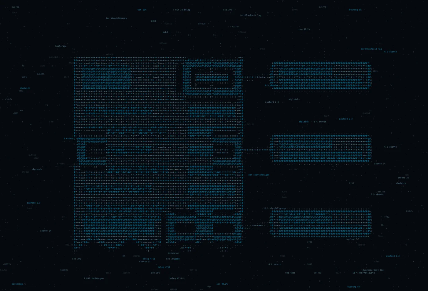 ASCII-Grafik: ein Rechnungsbeleg mit Auslesemarken an einzelnen Feldern — Titelbild zum Thema Rechnungs- und Belegverarbeitung mit Audit-Trail