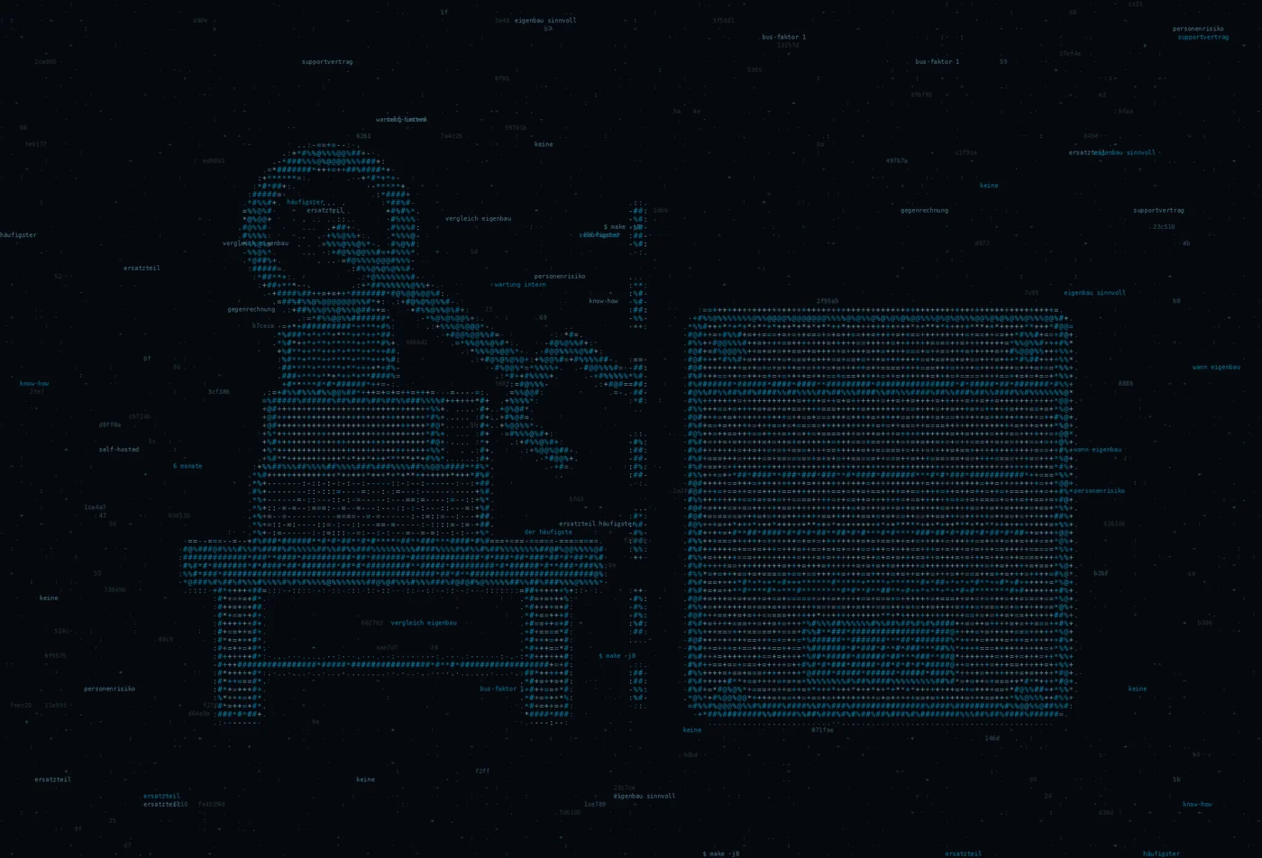 ASCII-Grafik: eine Werkbank mit halbfertigem Aufbau und Werkzeug neben einem geschlossenen Block — Titelbild zum Thema HostSpezial Agent Runtime oder Eigenbau