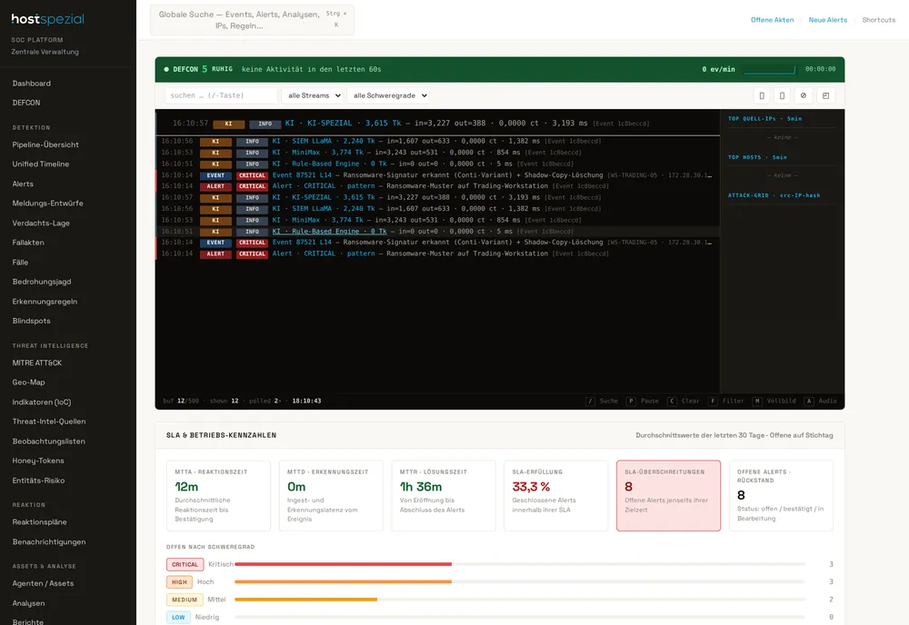 Dashboard-Cockpit des Security Operations Center: DEFCON-Lage, Ereignisstrom und Betriebskennzahlen